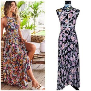 JAASE Endless Summer Floral Halter Maxi Dress Boho Wedding Side Slit Feminine M